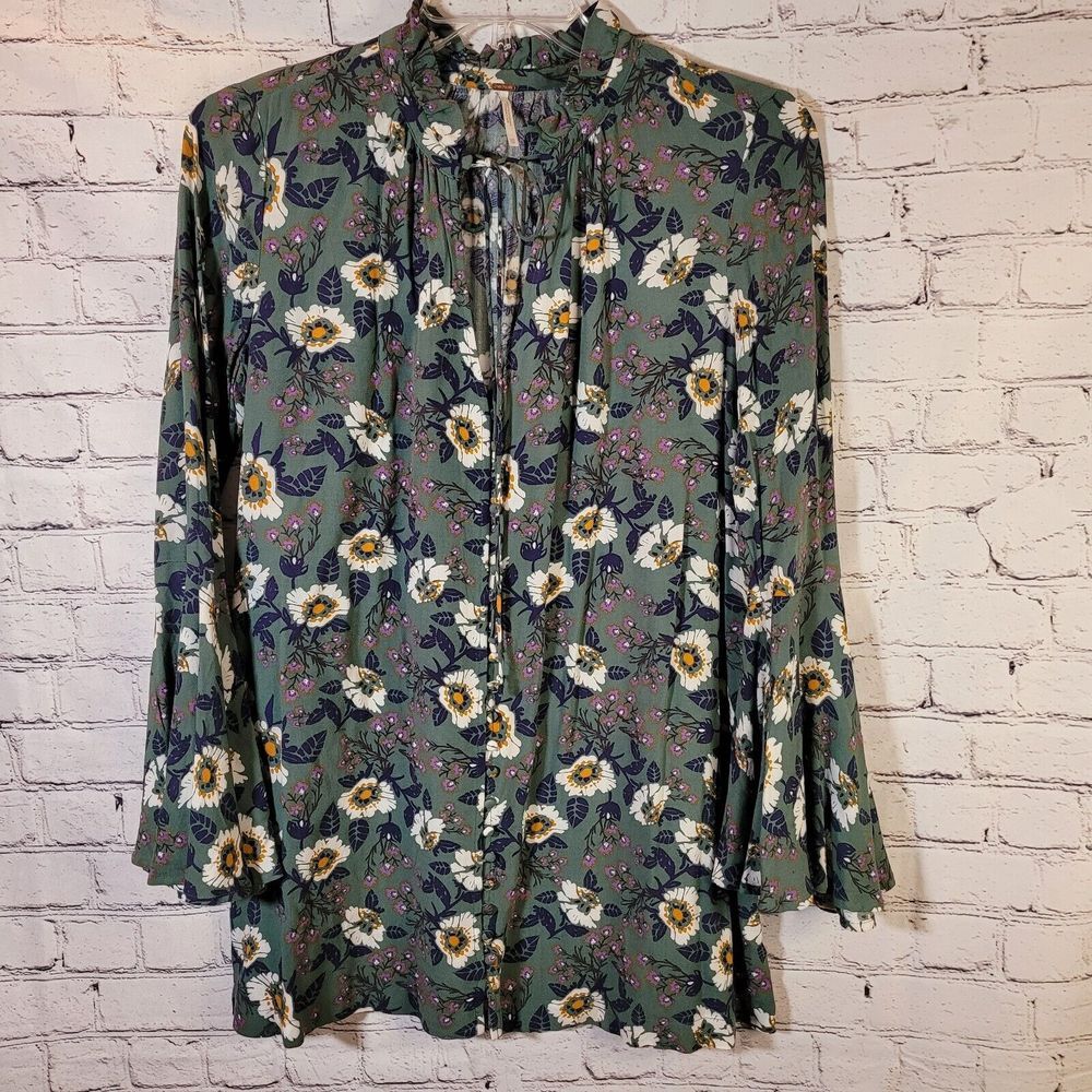 Free People Floral Tunic Womens XS Green Bell Sleeve Boho Ruffle Neck Excellent